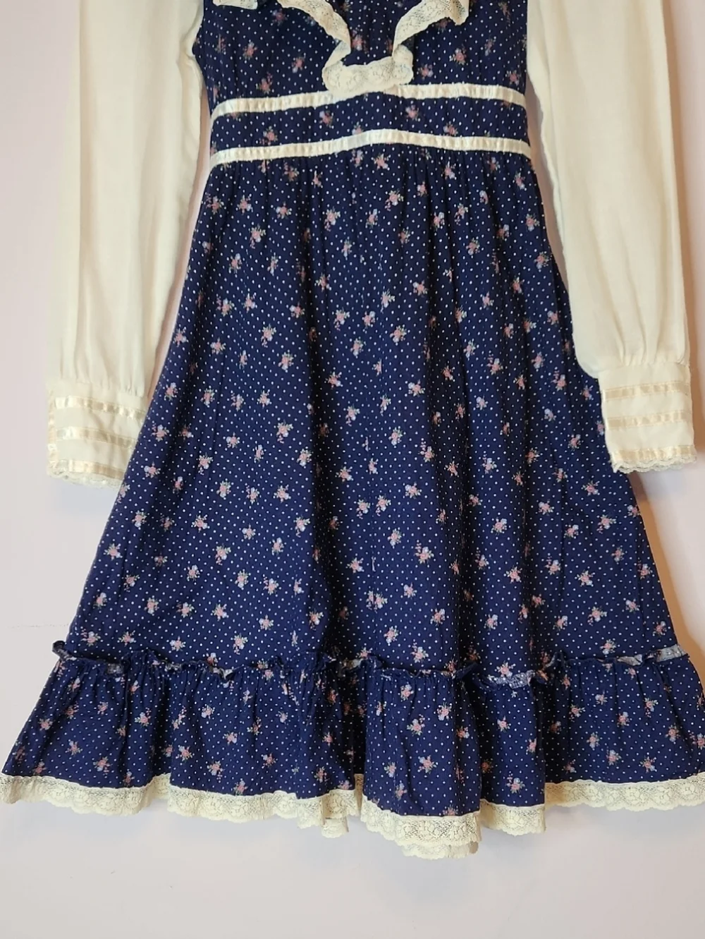 VTG 1970s Gunne Sax prairie-style dress, blue floral calico print, size 10